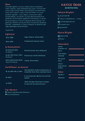 Beslenme Uzmanı Diyetisyen CV Örnekleri cv indir